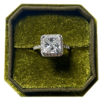 3.85 TCW Princess Cut Moissanite Halo Set Engagement Ring 14K White Gold Plated