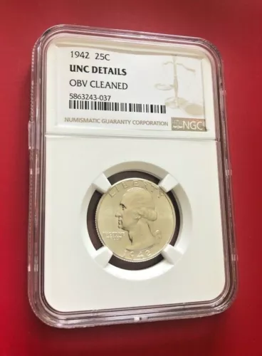 1942 US SILVER WASHINGTON QUARTER NGC UNC DETAILS OBV CLEANED