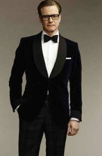 Fashion Mens Blue Velvet Slim Fit Blazer Groomsmen Wedding Dinner Tuxedo Jacket