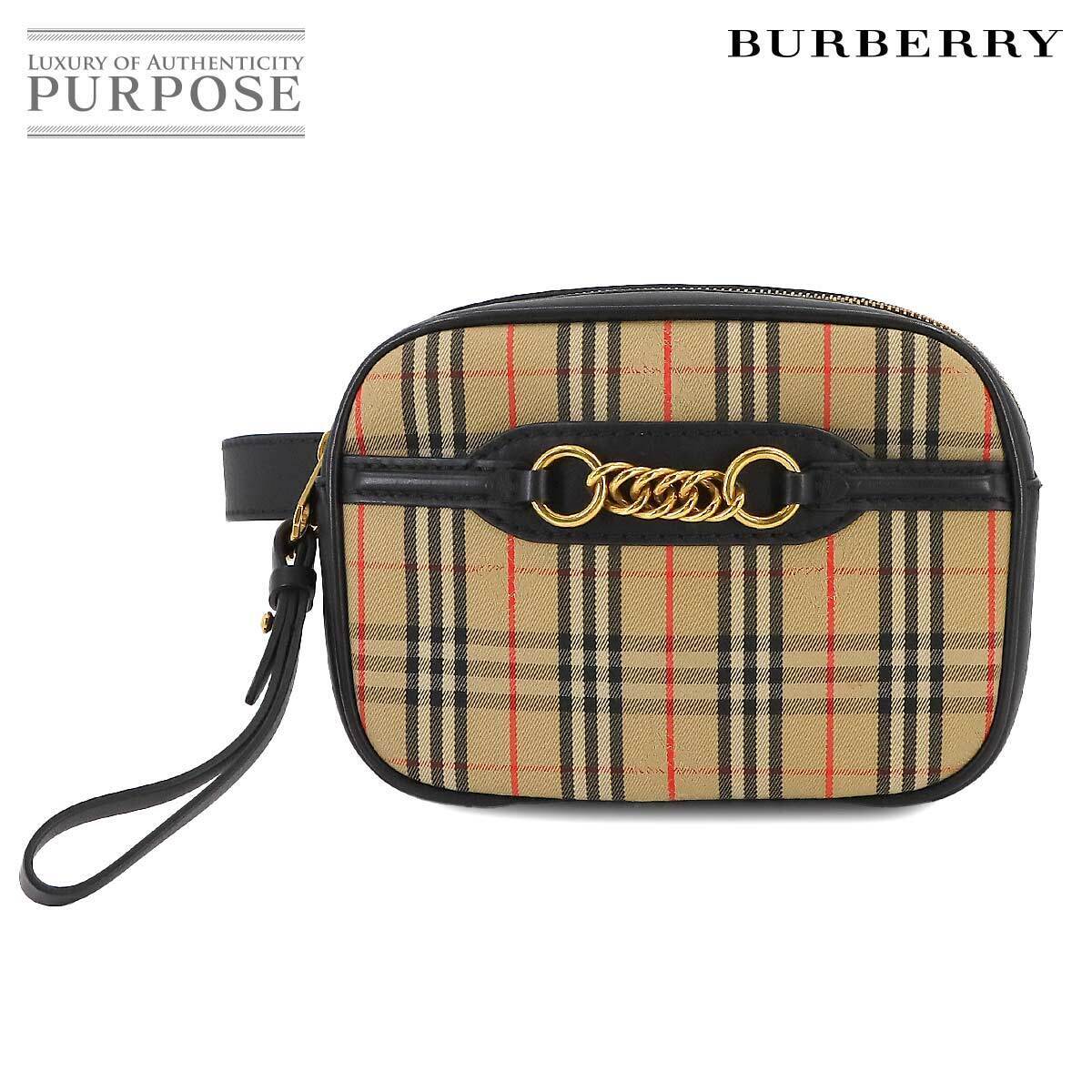 Burberry Check Link Waist Body Bag Belt Bag Canvas Leather Beige Black 90236
