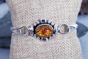 Vtg-925-Sterling-Silver-TAXCO-Amber-Cabochon-Bangle-Bracelet-7-034-22g
