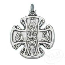 Four Way Catholic Cross Of Jesus 4-Way Medal Pendant Silver Pewter Made In Italy
