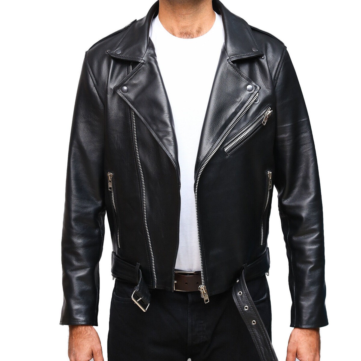 Men's Brando Black Leather Jacket Asymmetrical Cross Zip