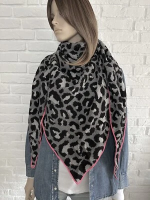 ZWILLINGSHERZ 💕 Leopard 3ecks Tuch Schal Wolle Kaschmir Leo Grau Neon Pink Neu