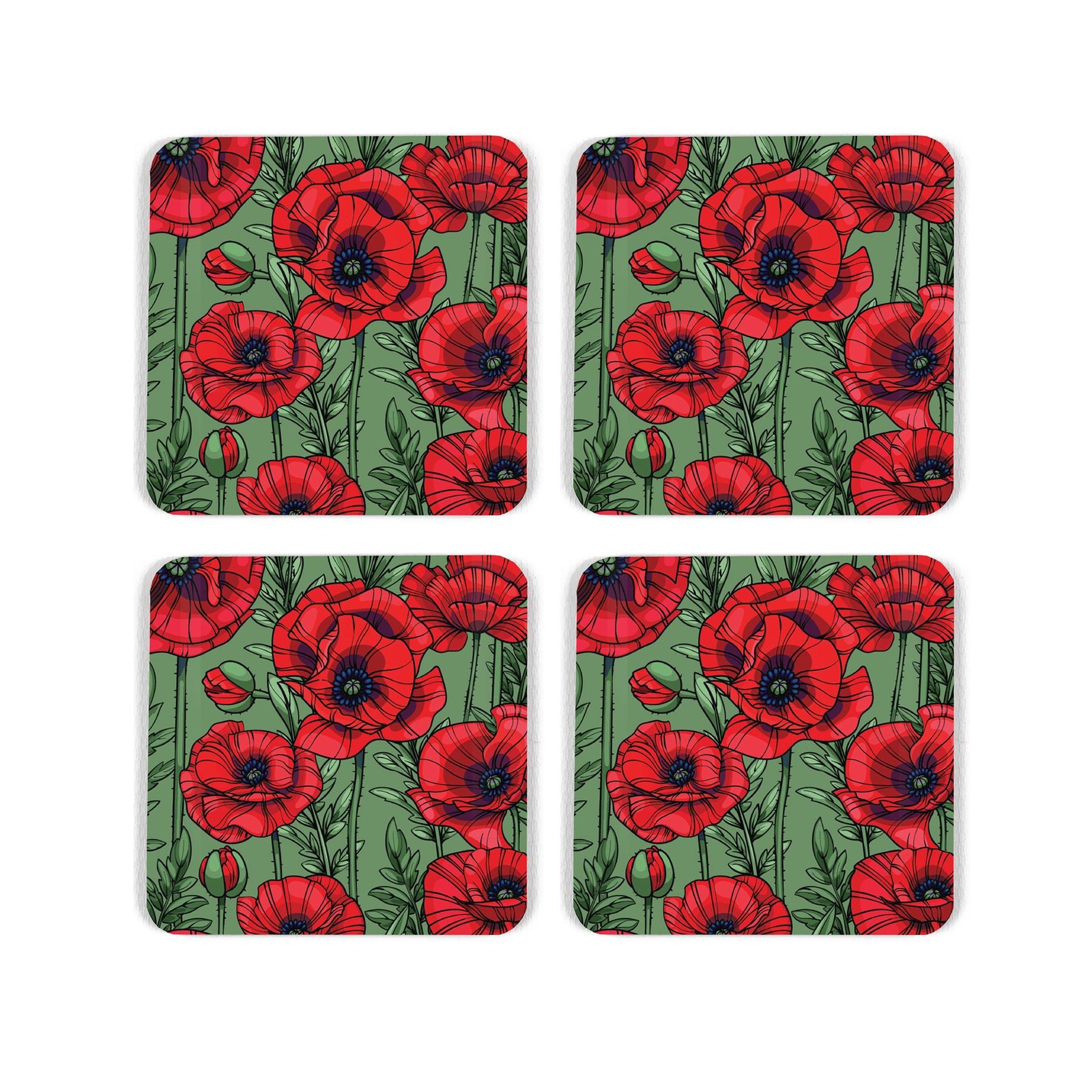 Poppies Coaster Set - Poppy Meadow Flowers Gift - Set of 4 Square Coasters