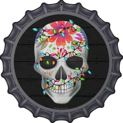 Calavera with Lights Metal 12'' Bottle Cap Circle Sign for Home Wall Garage Decor