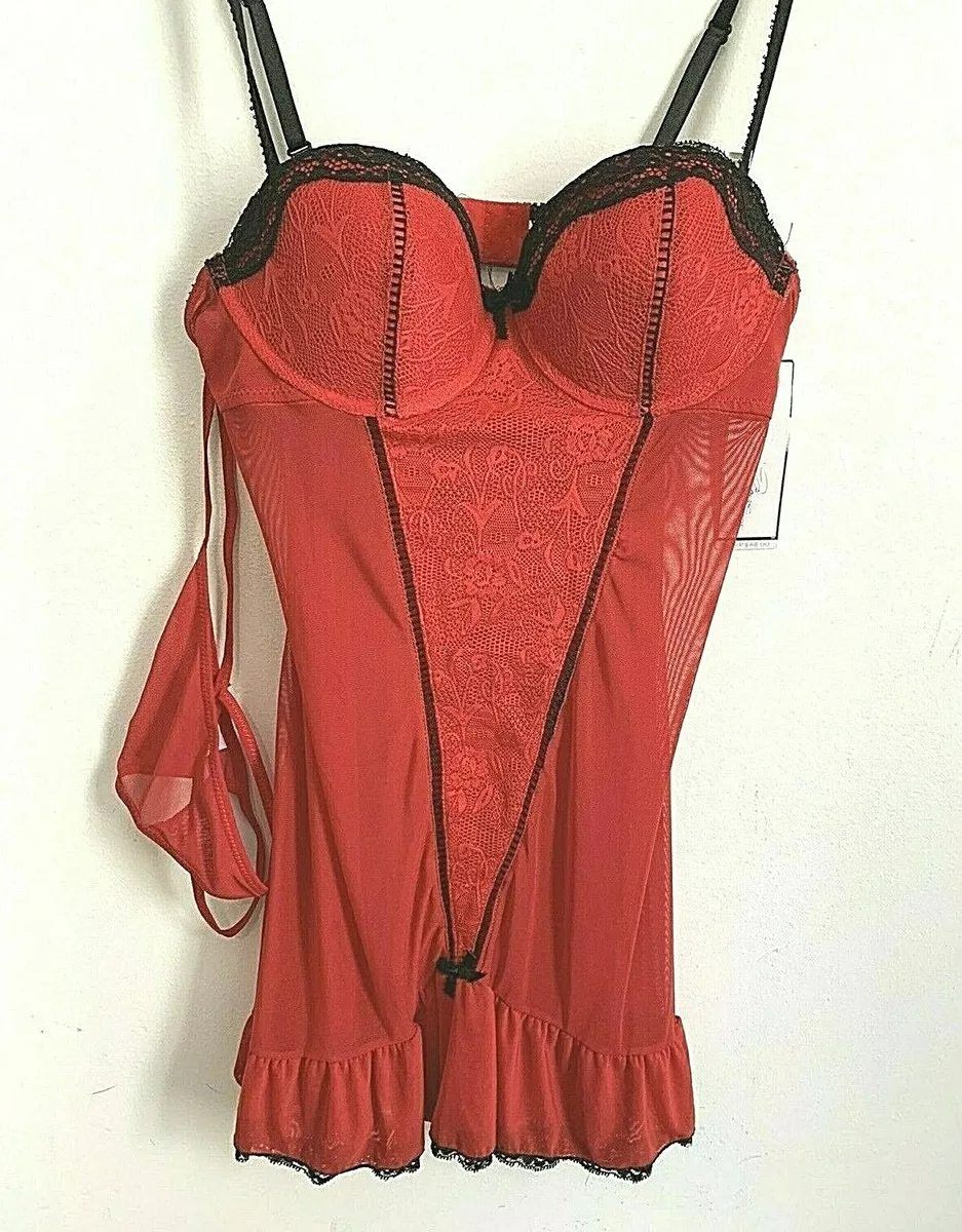 NWT Marilyn Monroe Exotic Teddy Sheer Lingerie Red Black Sheer Large  G-String