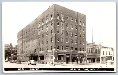 #ad Beaver Dam Wisconsin Hotel Rogers Western Union Coffee Shop RR Xing 1940s RPPC $17.00