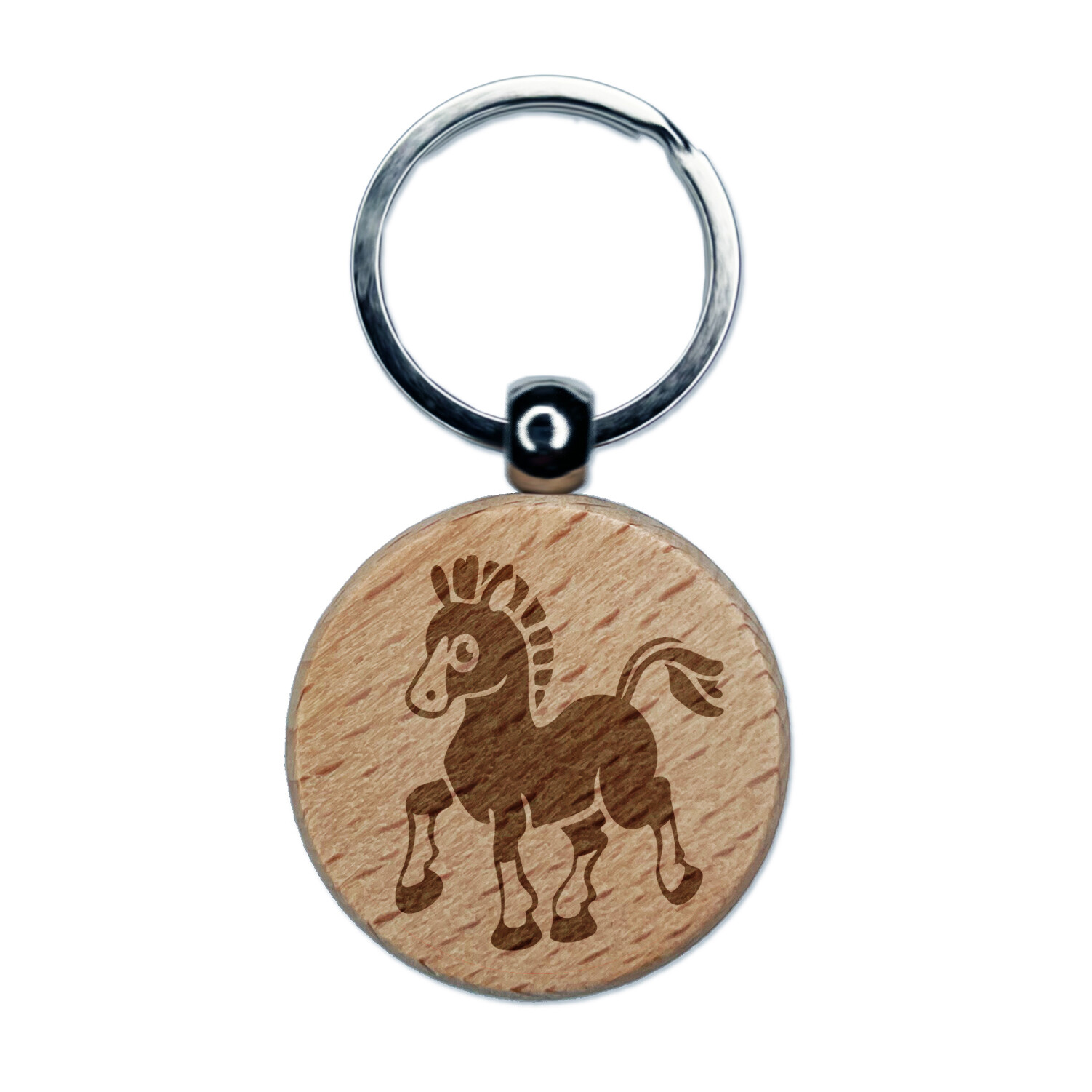 Prancing Pony Horse Mule Engraved Wood Round Keychain Tag Charm