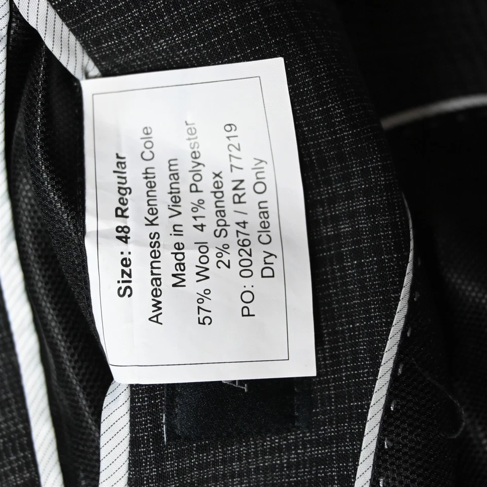 Kenneth Cole Awearness 48R Gray Plaid Wool Mens Blazer Suit Jacket Coat - Image 4 of 4