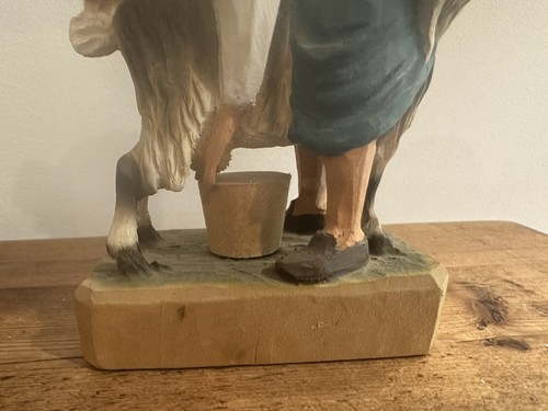 Vintage Henning Milk Maid Hand Carved Painted Wood Girl Milking Goat 5.5” Norway - Picture 5 of 10