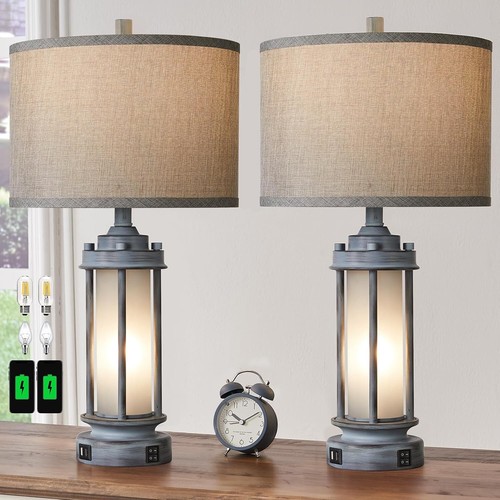 Set of 2 Rustic Table Lamps for Living Room, Farmhouse Vintage Nightstand Lamp w