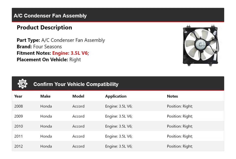 Conjunto de ventilador condensador de aire acondicionado derecho 4 estaciones para Honda Accord 2008-2012 3,5 L V6 Foto 2 de 4