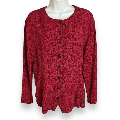 Vintage Moods by Krizia Blouse Red Abstract Pleats Long Sleeve Rayon Women Small