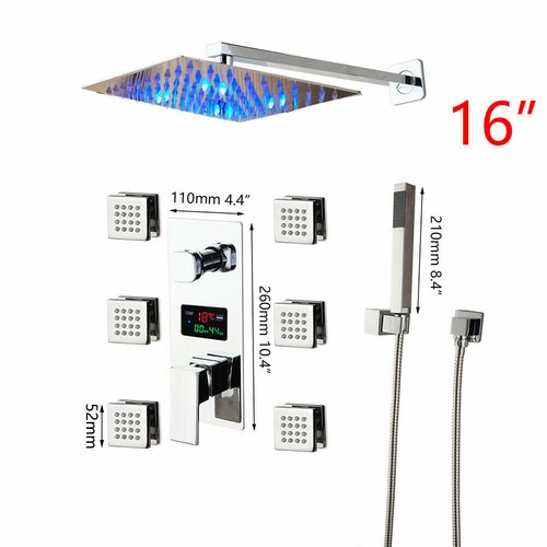 Chrome 16" LED Rainfall Shower Set 6 Massage Sprayer Digital Wall Mounted Kit - Picture 2 of 11