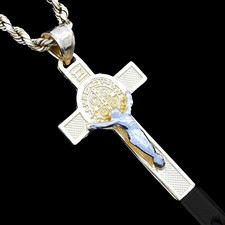 14k Gold 1.8gm St. Benedict San Benito Jesus Cross Crucifix Pendant 2-Tone Charm