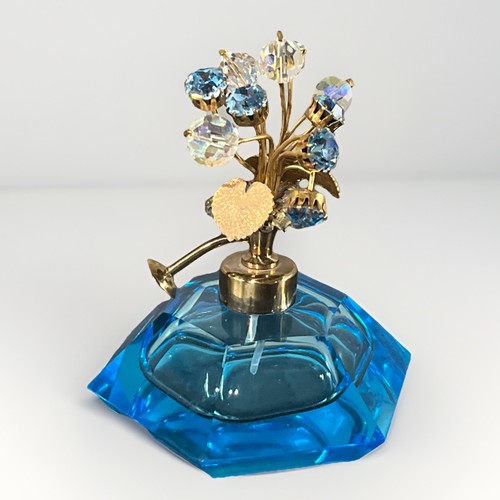 Beautiful Vintage Blue Irice Handcut Glass Perfume Atomizer Bottle W/Jewel Top