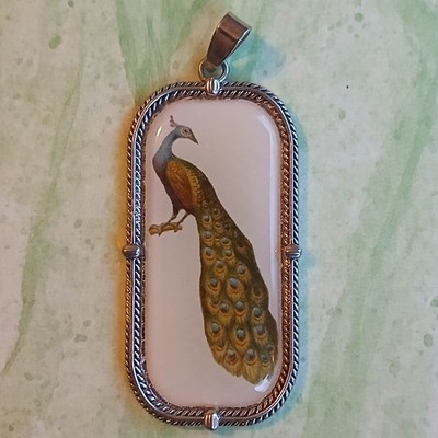 Vintage Pretty Peacock Bird Pendant Ceramic Rectangle Silver Tone 1 × 2 Inches