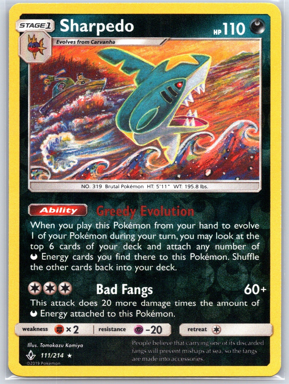 Sharpedo 111/214 Reverse Holo SM Unbroken Bonds Pokemon 2019 Tomokazu Komiya NM