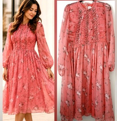 NWT L'Atiste Pink Floral Chiffon Midi Dress Romantic Cottagecore Womens Size M/L