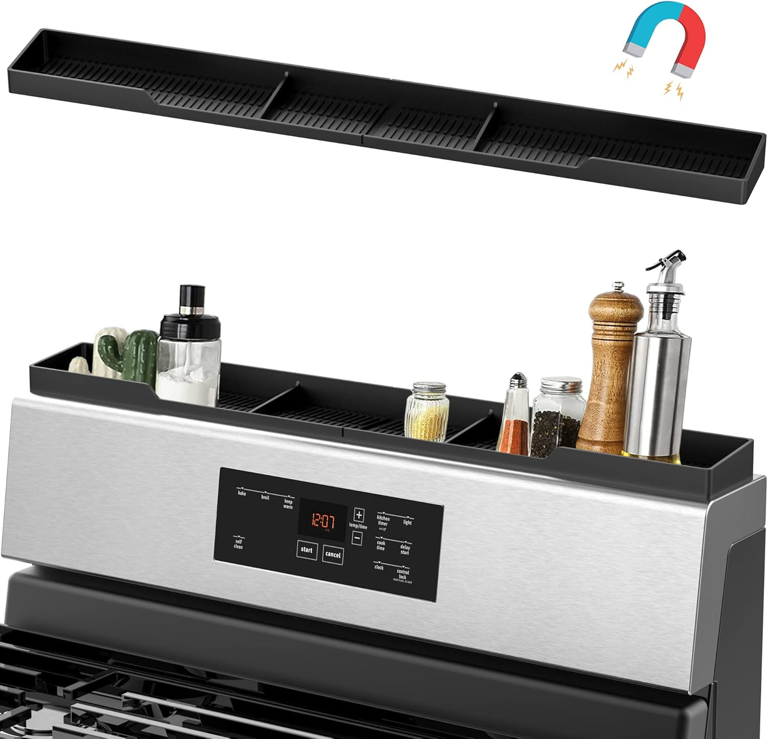 30" Stove Top Magnetic Shelf Silicone Spice Rack Organizer Black Kitchen