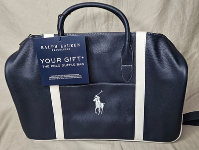 Ralph Lauren Fragrances POLO Duffle Bag Navy Blue White Faux Leather Travel NWT