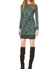 MICHAEL KORS Navy Green White Paisley Print Stretch Jersey Dress XS Long Sleeves