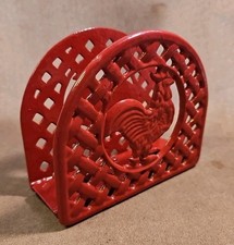 Vintage Barn Red Basketweave Cast Iron Rooster Napkin Holder Country 