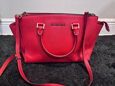 Michael Kors Selma Saffiano Leather Satchel in Red