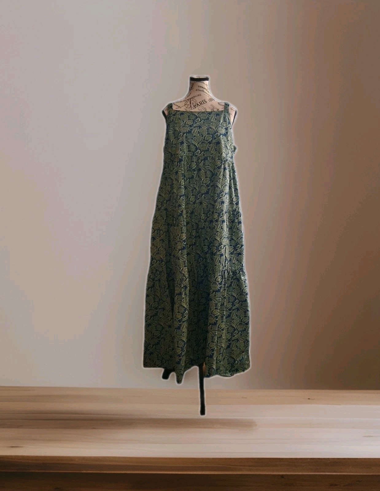 Boho Tiered Cotton Maxi Dress XL Blue Green Botanical Floral Sleeveless