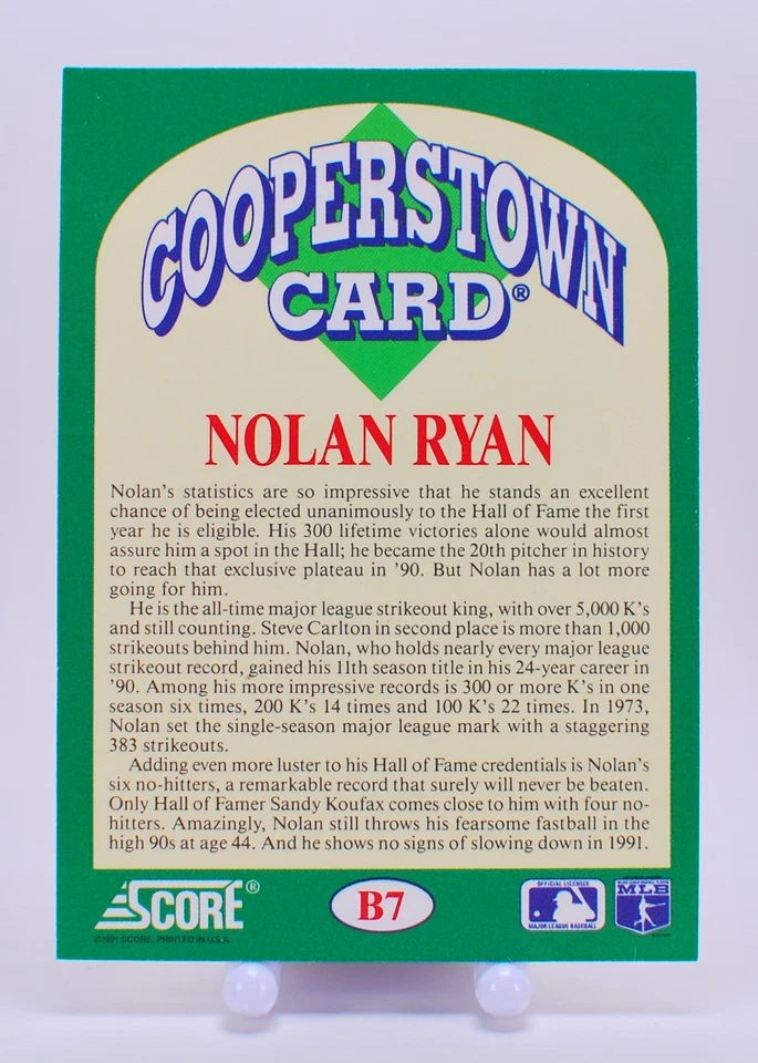 1991 Score Baseball Cooperstown Card #B7 Nolan Ryan Factory Set Insert - Image 2 of 2