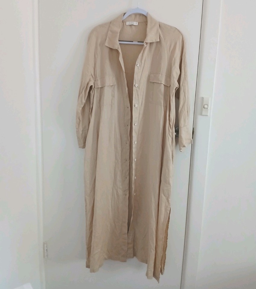 DISSH linen beige tan long sleeve maxi shirt dress 100% linen S-M 8 10 12