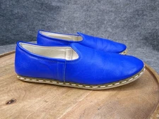 Sabah x Bespoky Women Size 39 Blue Leather Loafers Handmade Flat Slip On Shoes