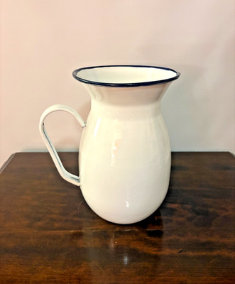 Vintage White Trimmed Enamelware Handled Pitcher 9.5'' Tall Farm house Decor