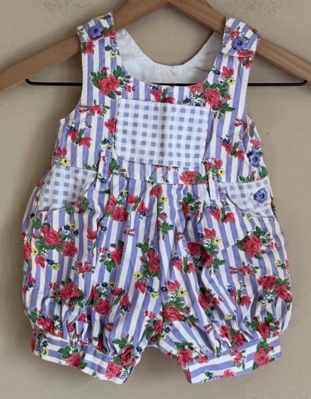 Mameluco a rayas floral vintage para niñas talla 3 3T años 90 niños sobre la marcha Foto 2 de 4