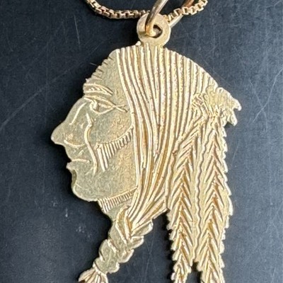 14K YELLOW GOLD NATIVE AMERICAN CHEIF PENDANT NECKLACE SKY