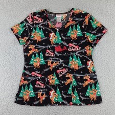 Rudolph Red-Nosed Reindeer Christmas Scrub Top Womens M Black Cotton SLL48733TA