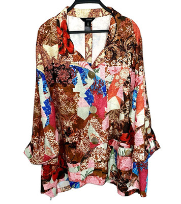 ALI MILES Plus 3X Button-Front Tunic Top Abstract Colorful Artsy Lagenlook Boho