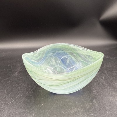 San Miguel Spain Freeform Glass Bowl Blue Swirl Recycled Aqua Art