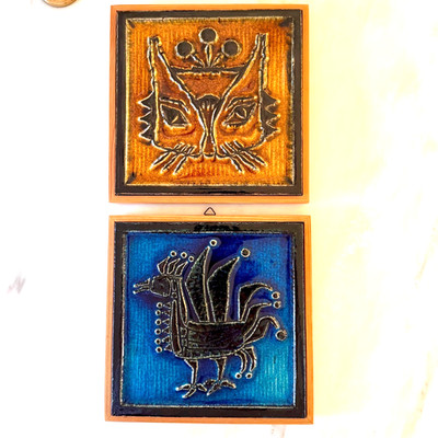 Pair of Framed Konrad Galaaen Vintage Tiles Porsgrund Norway 1972 Bird Cat