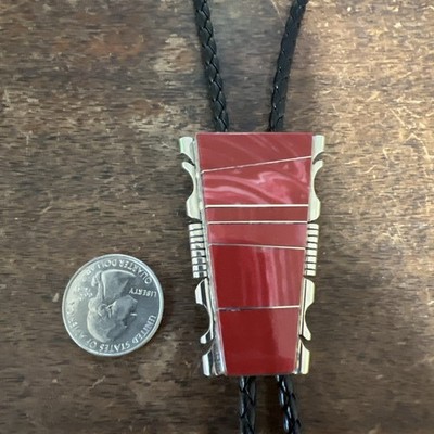 Navajo Bolo Tie Red Spiny Oyster Inlay Lge Native American Indian Ties #A