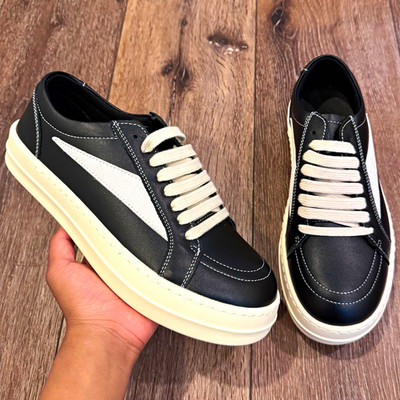RICK OWENS Men's Black & White Low Top Lace-Up Athletic Sneakers, Solid Pattern