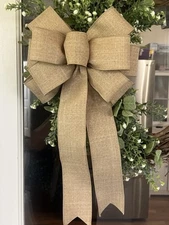 Handmade Large Linen Bow 10 x 16 in. Farmhouse Linen Fabric Bow for Wreath
