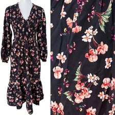 Old Navy Ditsy Floral Smocked Dress Size Medium Black Long Sleeve Midi Fit Flare