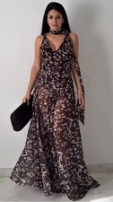 ZARA NEW WOMAN SCARF V-NECK LONG DOTTED TULLE DRESS BROWN ECRU SIZE M 5039/265