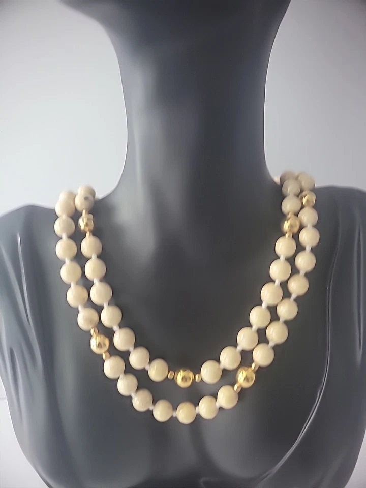 Винтажное ожерелье из бисера камень ручной нанизанный бежевый желтовато-коричневый золотой тон ювелирных изделий костюм - Изображение 4 из 4