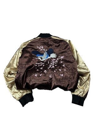 Vintage Sukajan Jacket Satin Bomber Embroidered Crane Japanese Souvenir Y2K