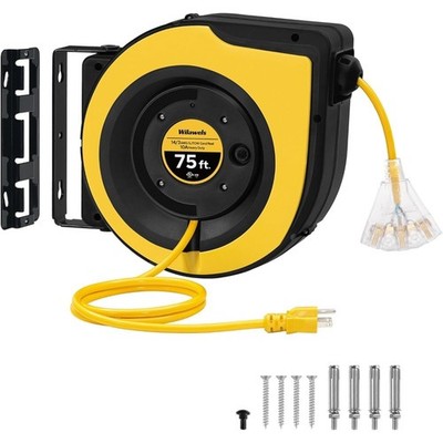 Heavy Duty 75 FT Retractable Extension Cord Reel with Lighted Triple Tap 14AWG