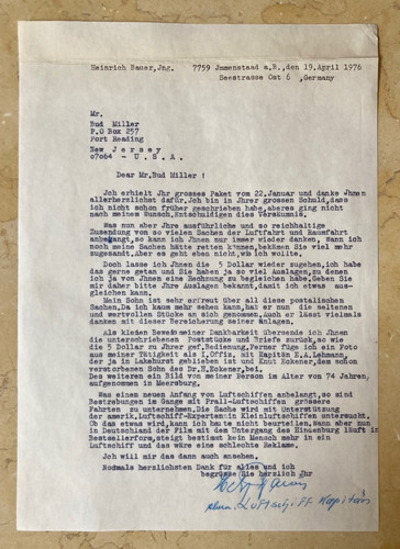 WW2 GERMANY - HINDENBURG DISASTER CAPT. HEINRICH BAUER AUTOGRAPHED TYPED LETTER.