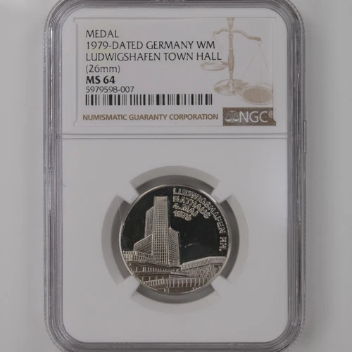 Medal 1979-Dated Germany WM Ludwigshafen Town Hall 26mm NGC Certified MS64 Pop 1